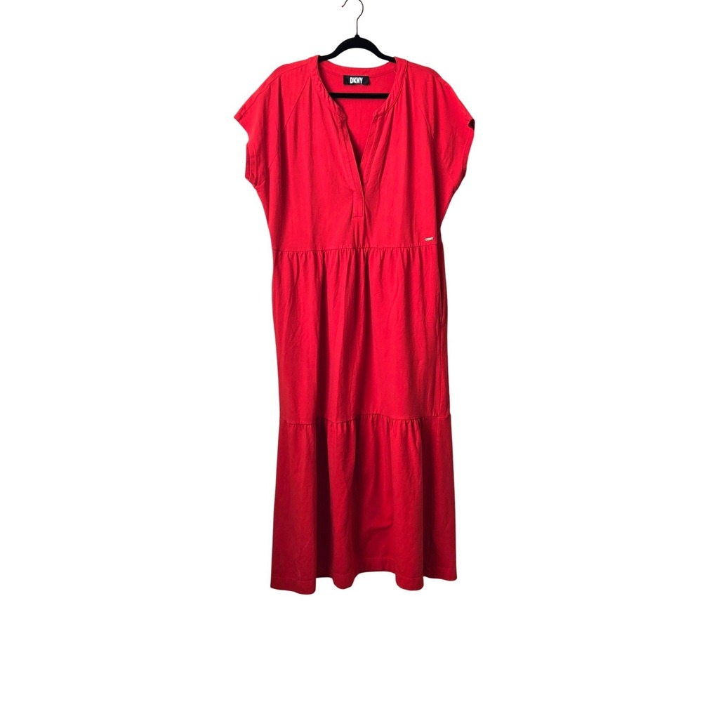 DKNY Womens Orange Tiered Maxi Dress V-Neck Short Sleeve Large, Boho Resortwear